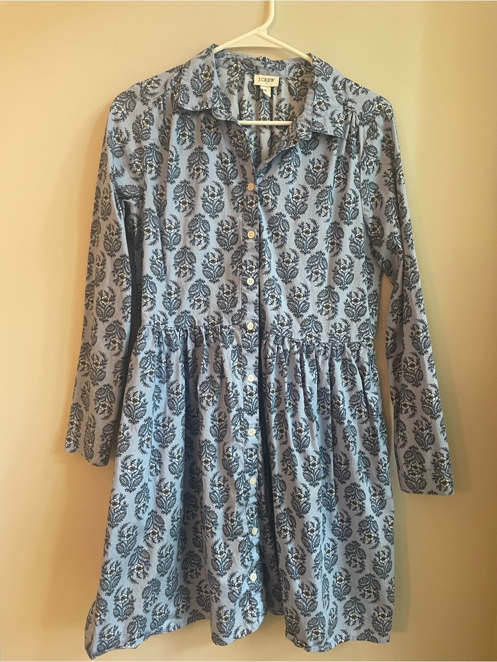 J.CREW Blue/White Block Print Shirt Dress Button Front Long Sleeve Size 6